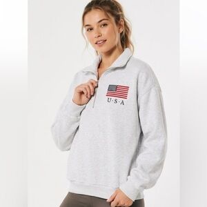 Hollister Light Gray Quarter-Zip Sweatshirt with USA Flag